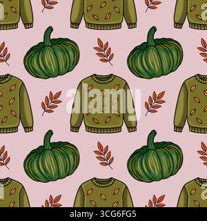 Modèle vectoriel sans couture avec des éléments d'automne confortables des citrouilles vertes, des chandails d'olive avec des motifs de feuilles et des branches orange rougeâtre, créant un chaud Illustration de Vecteur