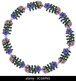 Design élégant de couronne fleurie vectorielle avec délicates fleurs roses et violettes avec des feuilles d'eucalyptus, parfait pour les invitations, les cartes ou les e décoratifs Illustration de Vecteur