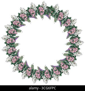 Conception élégante de couronne florale vectorielle avec fleurs de freesia roses et blanches, feuilles d'eucalyptus, et vesce violette, parfait pour les invitations, les cartes, ou Illustration de Vecteur