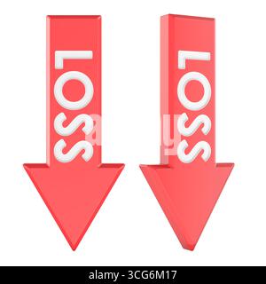Flèches de perte rouges pointant vers le bas. Vues de face et de côté, rendu 3D isolé sur fond blanc Banque D'Images