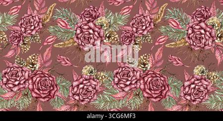 Roses de Bourgogne, branches de sapin, cônes, fleurs séchées, brindilles sèches et feuilles sans couture motif illustration aquarelle. Rose Bordeaux isolé, adapté fo Banque D'Images