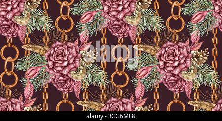 Roses de Bourgogne, branches de sapin, cônes, branches sèches, fleurs séchées, feuilles et chaînes motif sans couture illustration de l'aquarelle. Isolé Deep Maroon, su Banque D'Images
