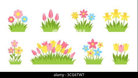 Fleurs et bourgeons printaniers lumineux. Tulipes, camomille, narcisse, Marguerite, mélange de fleurs simples dans l'herbe verte fraîche. Fleurs de prairie stylisées. Éléments décoratifs de parterre de jardin d'été Illustration de Vecteur