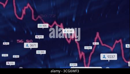 Affichage d'un graphique linéaire rouge fluctuant sur le tableau de bord bleu avec des bulles de données montrant des icônes et des nombres Banque D'Images