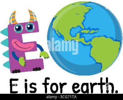 Illustration vectorielle ludique d'une lettre E en forme de monstre avec un globe terrestre de dessin animé coloré. Illustration de Vecteur