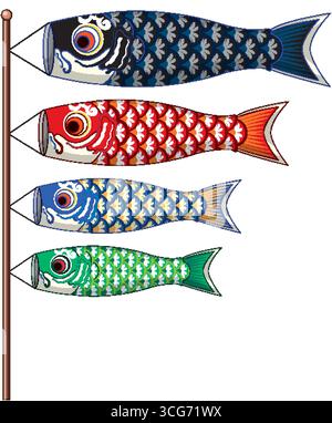 Quatre banderoles de carpe koinobori vibrantes en style vectoriel, disposées verticalement sur un poteau en bois Illustration de Vecteur