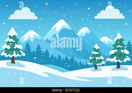 Joli paysage d'hiver de dessin animé avec des montagnes enneigées, des pins et de la neige qui tombe. Illustration de Vecteur