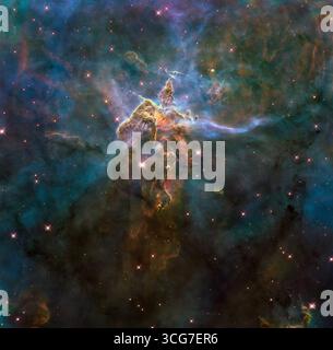 Image du télescope spatial Hubble de la NASA, capture l'activité chaotique au sommet d'un pilier de gaz et de poussière de 3 années-lumière qui est mangé par la lumière brillante des étoiles brillantes voisines. Le pilier est également attaqué de l'intérieur, alors que les étoiles enfouies à l'intérieur tirent des jets de gaz que l'on peut voir couler de pics imposants. Ce pinacle cosmique turbulent se trouve dans une pépinière stellaire tempête appelée la nébuleuse de la Carina, à 7 500 années-lumière de distance dans la constellation sud de la Carina. Hubble a observé le pilier les 1er et 2 février 2010. Crédit : NASA, ESA ; M. Livio ; STScI Banque D'Images