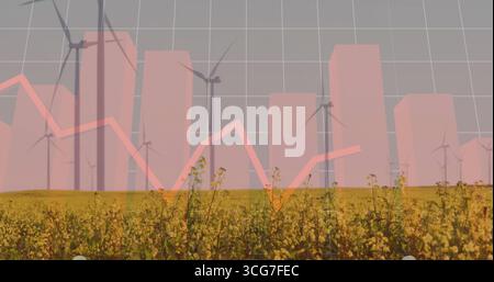Enjambant des fleurs jaunes à travers le champ, montrant des éoliennes, des barres roses, une ligne rouge, une superposition de grille grise Banque D'Images