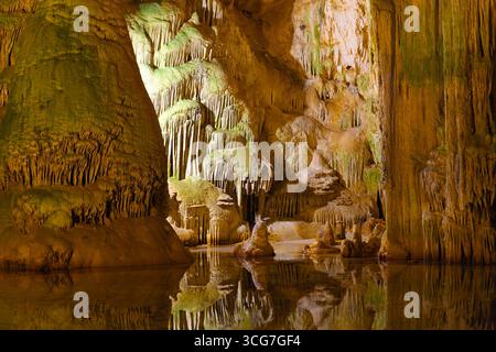 Spectaculaires formations de stalactites et de stalagmites dans la grotte de Neptune, en Sardaigne, se reflétant sur des eaux calmes aux teintes verdâtres et à l’éclairage doré. Banque D'Images