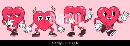 Personnages de cœur groovy de dessin animé avec des jambes et des bras dans un style rétro - mascottes roses avec différentes expressions, chaussures noires et gants blancs. Mignon Valentin ou amour autocollants et décorations émoticônes. Illustration de Vecteur