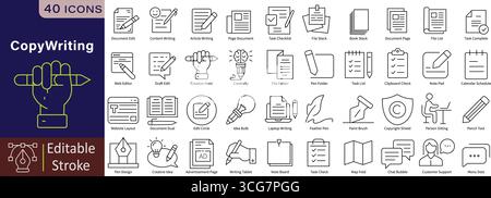 Icônes de ligne de copywriting définies avec contour modifiable pour le contenu, l'écriture, le marketing et la stratégie de communication créative Illustration de Vecteur