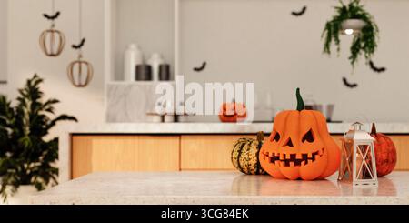 Décoration d'Halloween avec citrouille festive et atmosphère sinistre. Illustration de rendu 3D. Banque D'Images