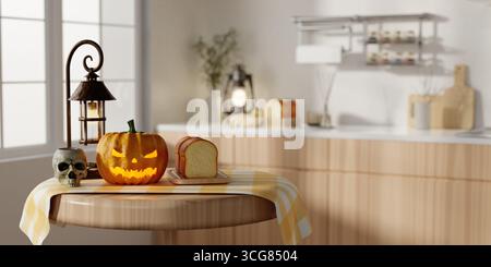 Cuisine festive d'Halloween avec citrouille et bougies brillantes. Illustration de rendu 3D. Banque D'Images