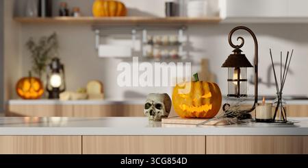 Cuisine d'Halloween avec citrouille vibrante et éléments effrayants. Illustration de rendu 3D. Banque D'Images