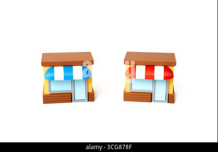 Deux magasins concurrents. Entreprises concurrentes. Rivalité, part de marché, guerres de prix, attraction client, stratégie de survie Banque D'Images