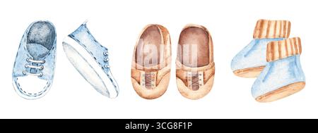 Baby Boy Shoes Set. Blue Booties, Brown leather moccasins and jeans Sneakers. Hand drawn watercolor illustration of Kids Boots isolated on a white Banque D'Images
