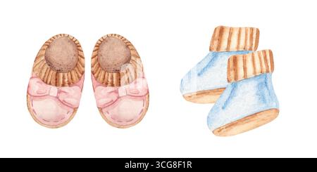 Baby Shoes Set for Boy and Girl. Hand drawn watercolor illustration of Booties for Kids isolated on a white background. Cute Infant footwear clipart Banque D'Images