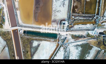 Vue aérienne de salines colorées créant un patchwork de tons terreux et de formes géométriques, mettant en valeur la beauté naturelle du paysage, Pag, comté de Zadar, Croatie. Banque D'Images