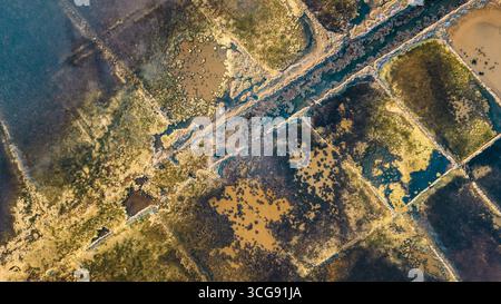 Vue aérienne d'une mosaïque de marais salants reflétant le ciel, créant un paysage texturé de tons terreux et de lumière chatoyante, Pag, comté de Zadar, Croati Banque D'Images
