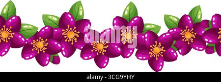 Bordure sans couture avec des fleurs violettes vibrantes fantastiques et des feuilles vertes dans un design stylisé brillant. Cette œuvre d'art numérique festive est parfaite comme un templat Illustration de Vecteur