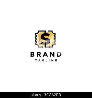 Logo Goden Money ticket Line simple. Simple ticket logo avec logo Dollar Symbol Design. Illustration de Vecteur