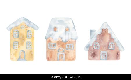 Maisons en pain d'épice aquarelle avec glaçage. Ensemble d'éléments isolés. Illustration peinte à la main. Parfait pour Noël, design de vacances, décor d'hiver Banque D'Images