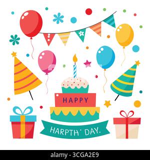 Illustration colorée d'un gâteau d'anniversaire cadeaux de ballons et décorations de fête sur fond blanc Illustration de Vecteur