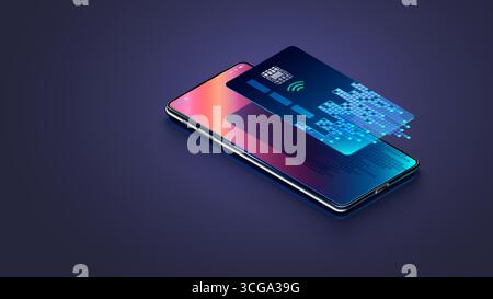 Carte bancaire virtuelle ou numérique sur téléphone écran. Carte bancaire numérique isométrique 3d. Technologie Mobile Banking. Transaction de paiement en ligne via Digital Cred Illustration de Vecteur