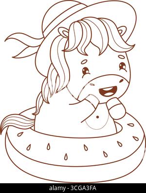 Mignon cheval chanceux d'été dans chapeau nageant sur anneau gonflable de pastèque dans la mer. Drôle animal Pony kawaii vacances de caractère de plage. Illustration vectorielle Illustration de Vecteur