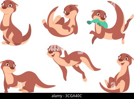 Loutre. Mignon dessin animé animal sauvage loutre dans différentes actions pose sautant assis nageant le caractère vectoriel exact ont amusant des œuvres d'art originales Illustration de Vecteur