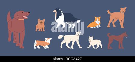 Chiens dans différentes poses d'action. Animaux mignons, bouledogue français, corgi, retriever. Races de chiens adorables, debout et marchant, assis. Animaux vectoriels drôles ori Illustration de Vecteur