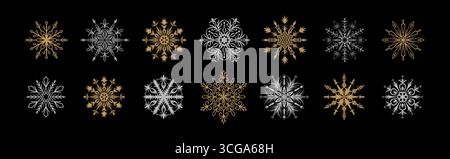 Ensemble de flocons de neige fantaisie dorés et argentés sur fond noir. Décor hivernal fantaisiste. Bonne année et joyeux Noël éléments de design de luxe. Espar Illustration de Vecteur