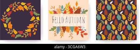Ensemble de modèles carrés d'automne pour les réseaux sociaux. Disposition avec motif d'automne, couronne et cadre. Fond avec espace pour le texte pour la conception de dépliants Illustration de Vecteur