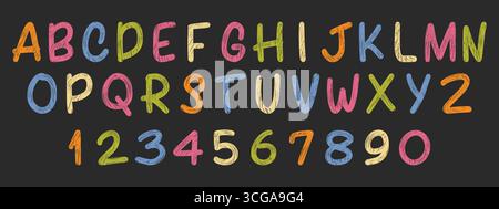 Alphabet et crayon coloré et chiffres, police enfants dessinée à la main avec style pastel cire texturé. Lettres ludiques pastel sur fond sombre Illustration de Vecteur