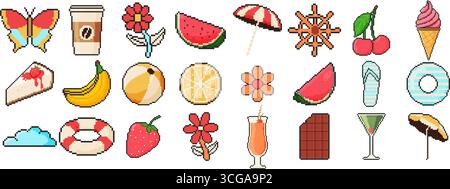 jeu d'icônes d'été 8 bits. Objet Pixel art. Style graphique informatique old School. Papillon, café, fleur, pastèque, parapluie, cerise, crème glacée Illustration de Vecteur