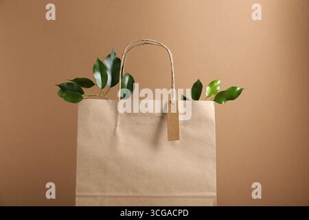 Emballage écologique. Sac en papier, étiquette en carton et feuilles sur fond brun clair Banque D'Images