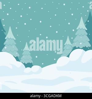 Collines couvertes de neige et sapins dans la scène d'hiver avec des flocons de neige tombant dans le style de bande dessinée pour des projets festifs et saisonniers Illustration de Vecteur