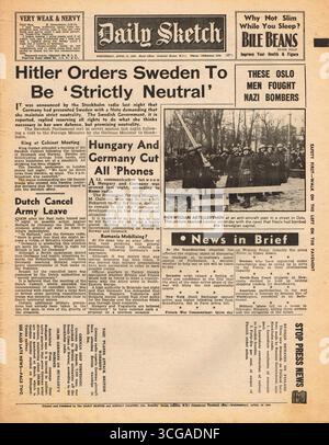 Hitler ordonne à la Suède d'être neutre. Titre du Daily Sketch, 10 avril 1940 Banque D'Images
