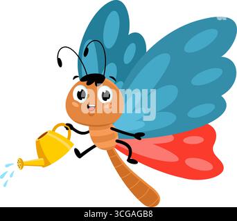 Arrosage de personnage de dessin animé de papillon mignon. Illustration vectorielle Flat Design isolé sur fond transparent Illustration de Vecteur