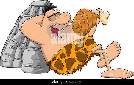 Joyeux personnage de Caveman Cartoon mangeant de la viande. Illustration vectorielle dessinée à la main isolée sur fond transparent Illustration de Vecteur