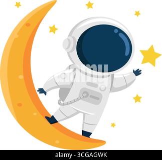 Mignon astronaute personnage de dessin animé debout sur Une lune et ondulant. Illustration vectorielle Flat Design isolé sur fond transparent Illustration de Vecteur