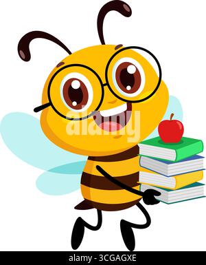 Cute School Bee Cartoon personnage volant avec des carnets et Apple. Illustration vectorielle Flat Design isolé sur fond transparent Illustration de Vecteur