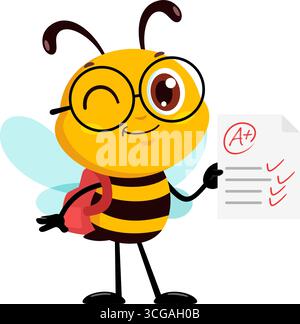 Personnage de dessin animé Cute School Bee tenant un bulletin A plus. Illustration vectorielle Flat Design isolé sur fond transparent Illustration de Vecteur
