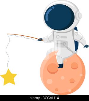 Mignon astronaute personnage de dessin animé sur planète avec tige de pêche. Illustration vectorielle Flat Design isolé sur fond transparent Illustration de Vecteur