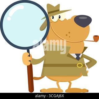Détective chien personnage de dessin animé tenant Une grande loupe. Illustration vectorielle Flat Design isolé sur fond transparent Illustration de Vecteur