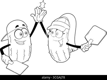 Décrit les personnages de dessin animé de l'homme et de la fille mignon de Pickleball donnant High Five Vector. Illustration dessinée à la main isolée sur fond transparent Illustration de Vecteur