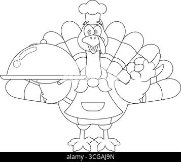 Personnage de dessin animé du chef dinde mignon servant des plats dans Un plateau de Sliver. Illustration vectorielle dessinée à la main isolée sur fond transparent Illustration de Vecteur