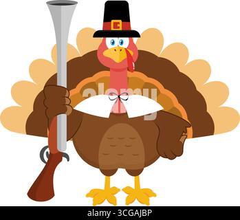 Mignon Pilgrim Turkey Bird Cartoon personnage tenant Un mousquet. Illustration vectorielle Flat Design isolé sur fond transparent Illustration de Vecteur