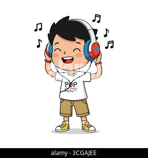 Illustration de dessin animé d'un garçon portant des écouteurs et écoutant de la musique Illustration de Vecteur